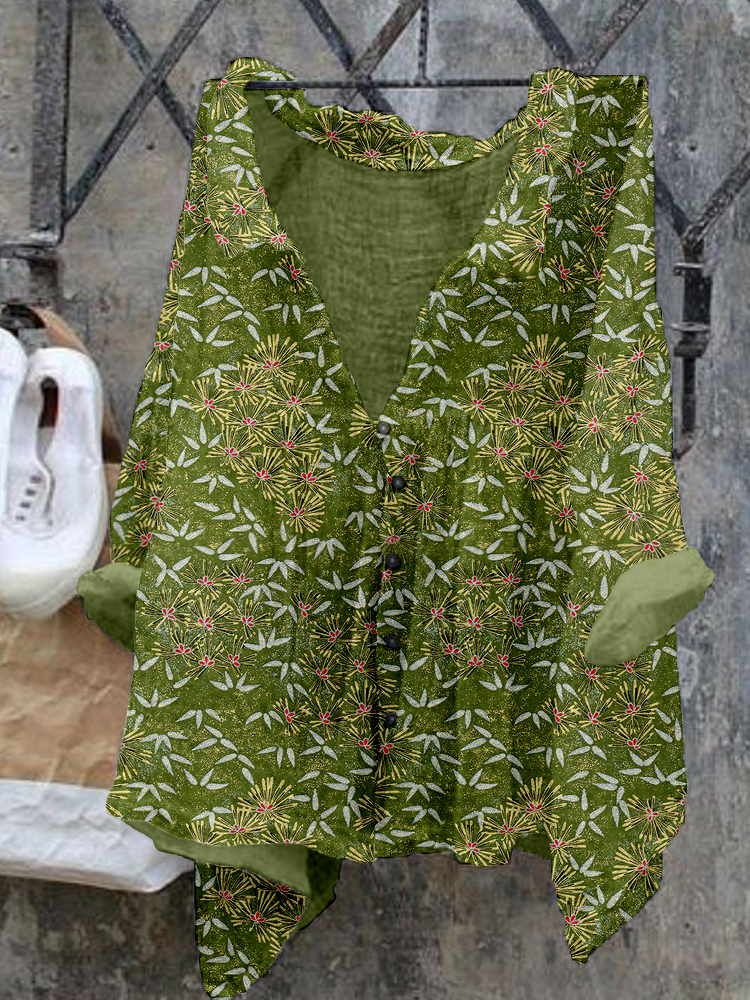 Bamboo Leaves Japanese Pattern Linen Blend Cozy Shirt