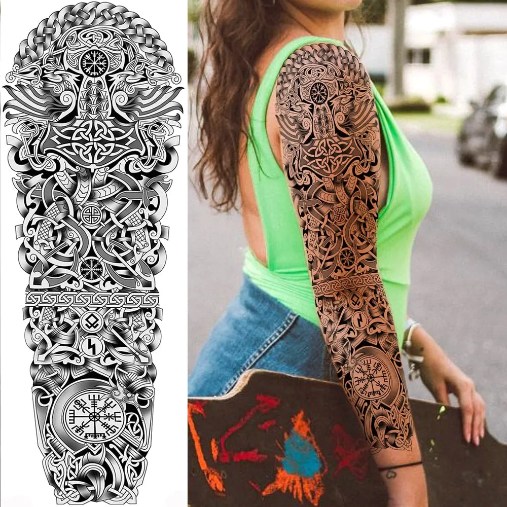 Black Military Maori Totem Temporary Sleeve Tattoos For Men Realistic Fake Full Arm3D Dragon Skull Wolf Lion Robot Tatoos Paste