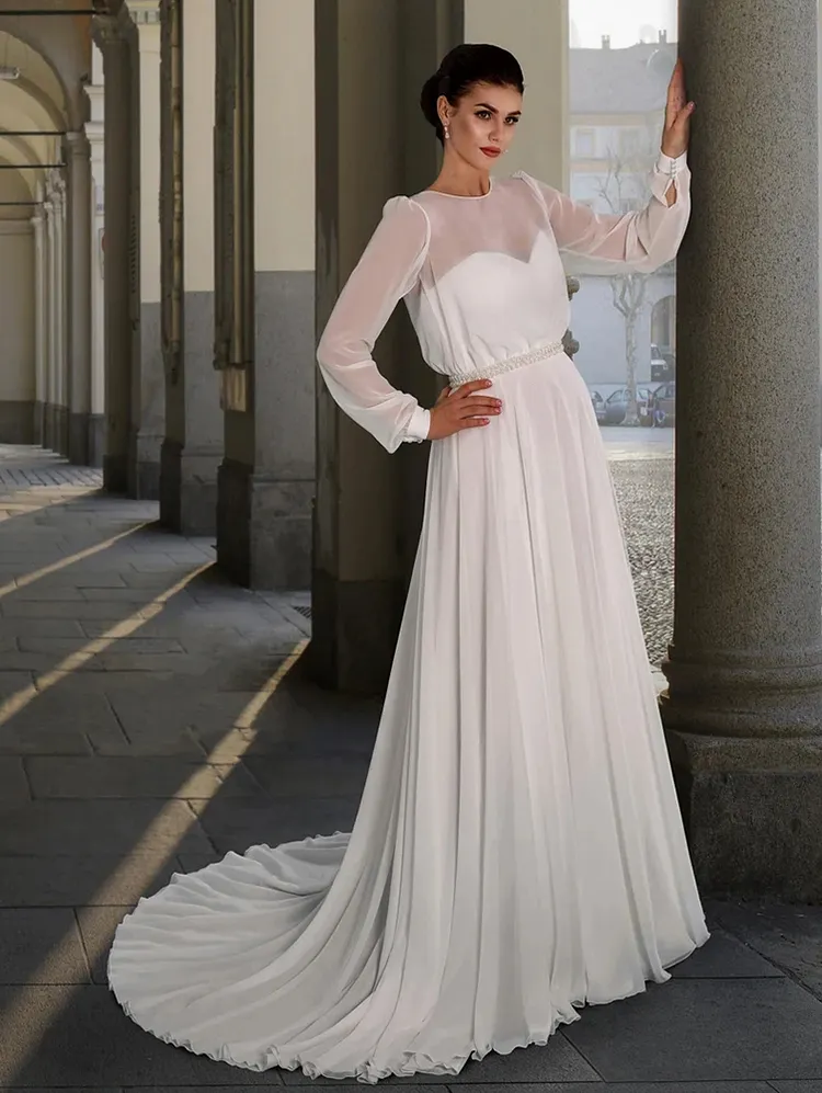 Bohemian Chiffon Wedding Dress Long Sleeve Sheer Neck Bridal Gowns