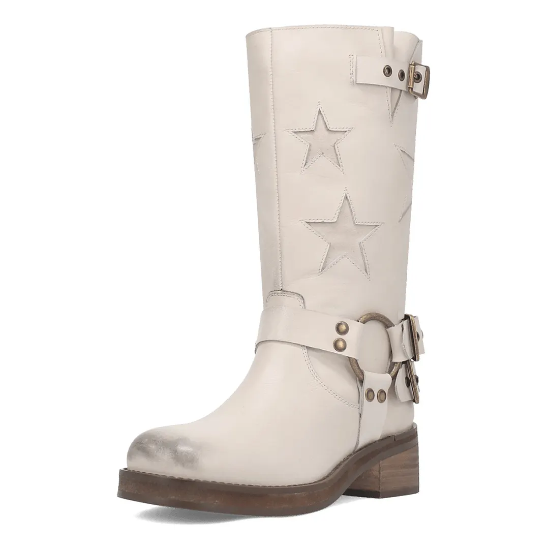 White Vegan Leather Round Toe Star Inlay Studded Block Heel Boots