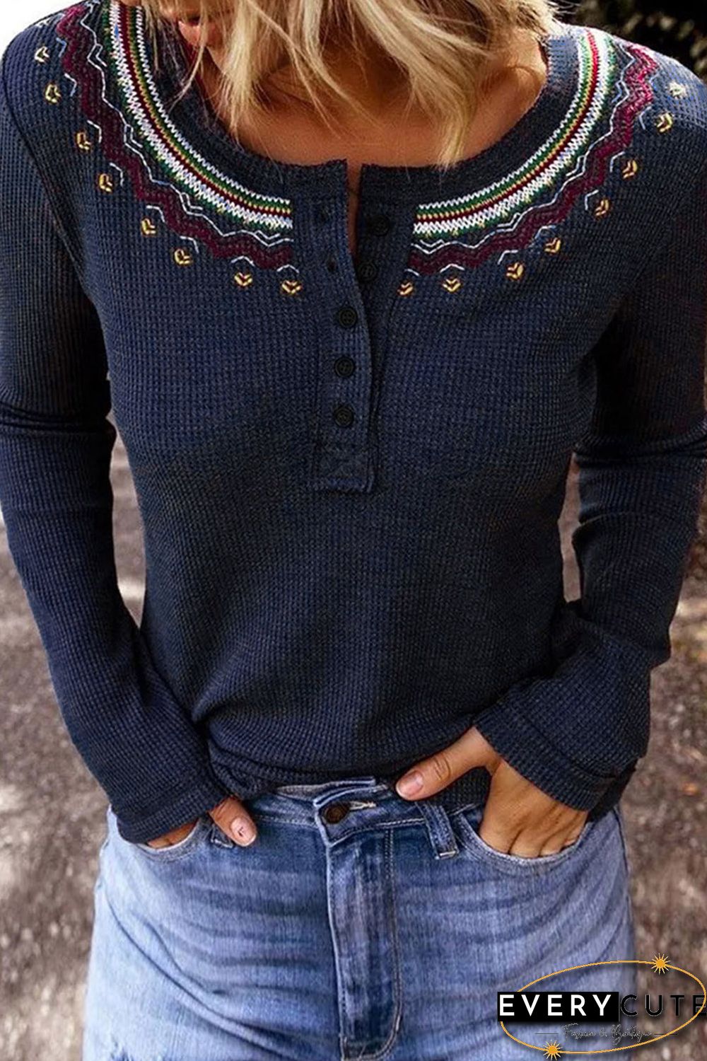 Navy Blue Embroidered Round Neck Waffle Top