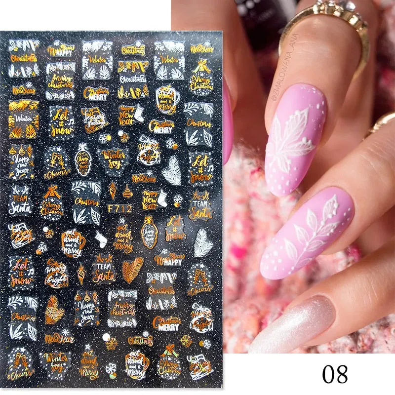 3D Christmas Nail Art Decoration Stickers Sparkly Gold White Colorful  Glitter Geometry Snowflake Winter Slider Nail Foils-Nail Inspo