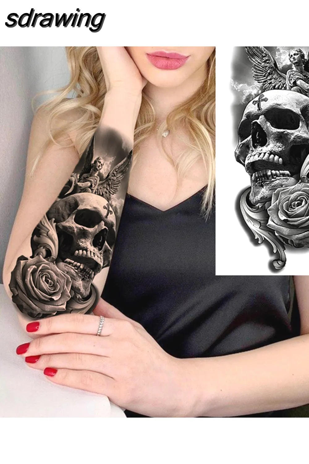 sdrawing Realistic Black Devil Temporary Tattoos For Men Adult Tiger Pirate Skeleton Vampire Fake Tattoo Forearm Scary Tatoo Joker