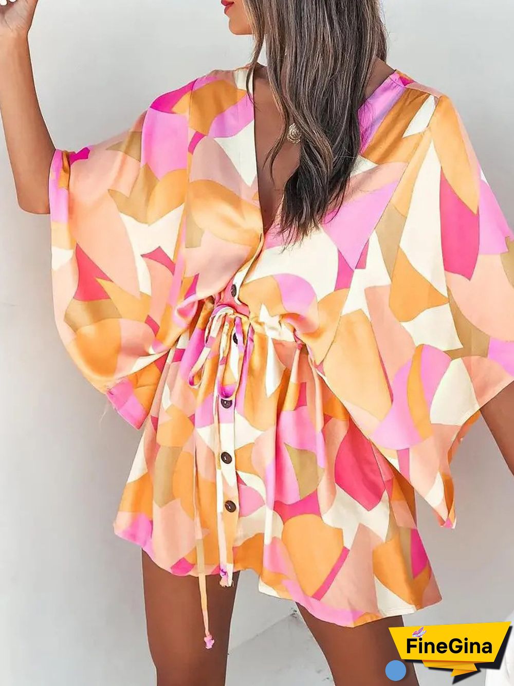 Summer Women's Fashion Holiday Dress Casual Print Flying Sleeve V-Neck Drawstring Mini Loose Dresses For Women Streetwear