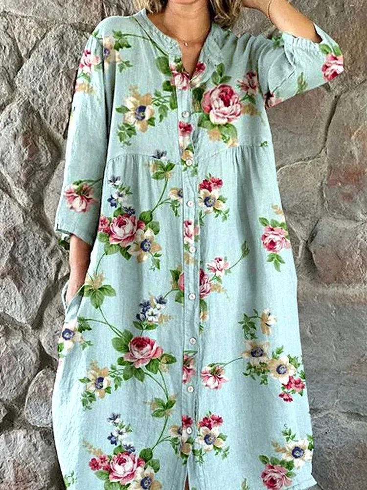 Womens Resort  Art Rose Floral Cotton Shirt Dress