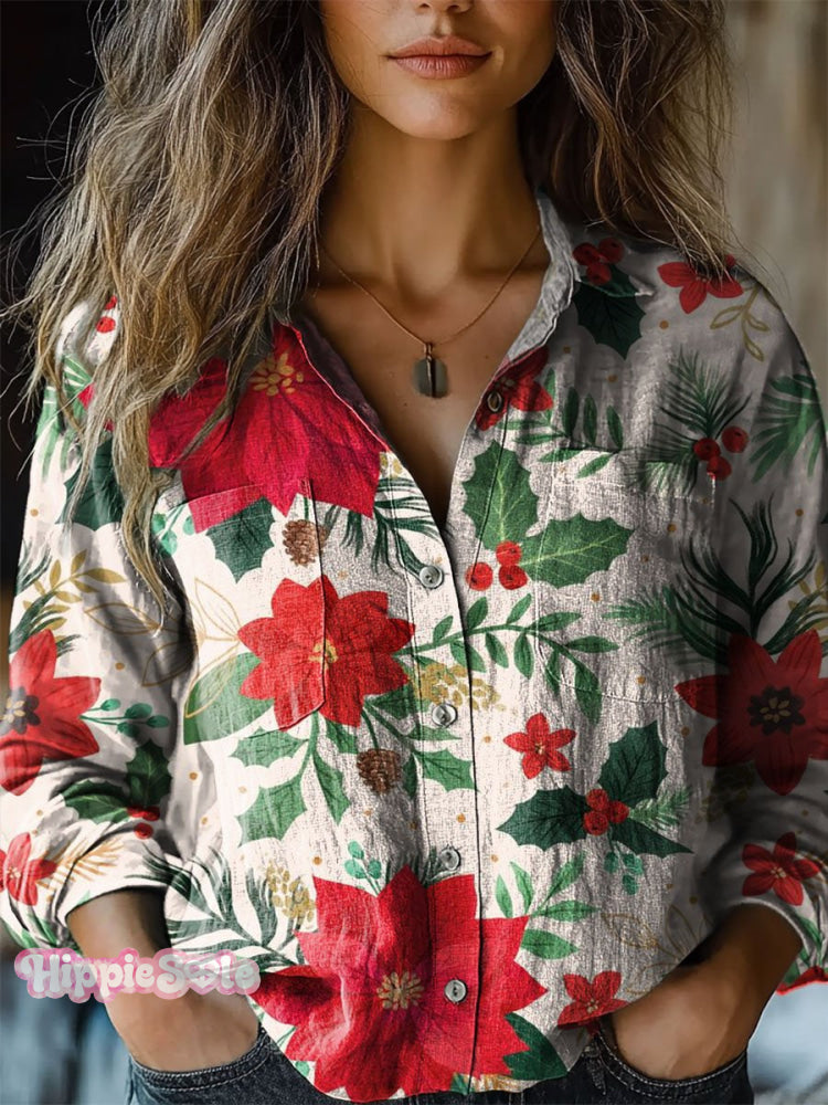 Women&rsquo;s Retro Christmas Atmosphere Print Casual Long Sleeve Comfortable Cotton Shirt Multicolor / S