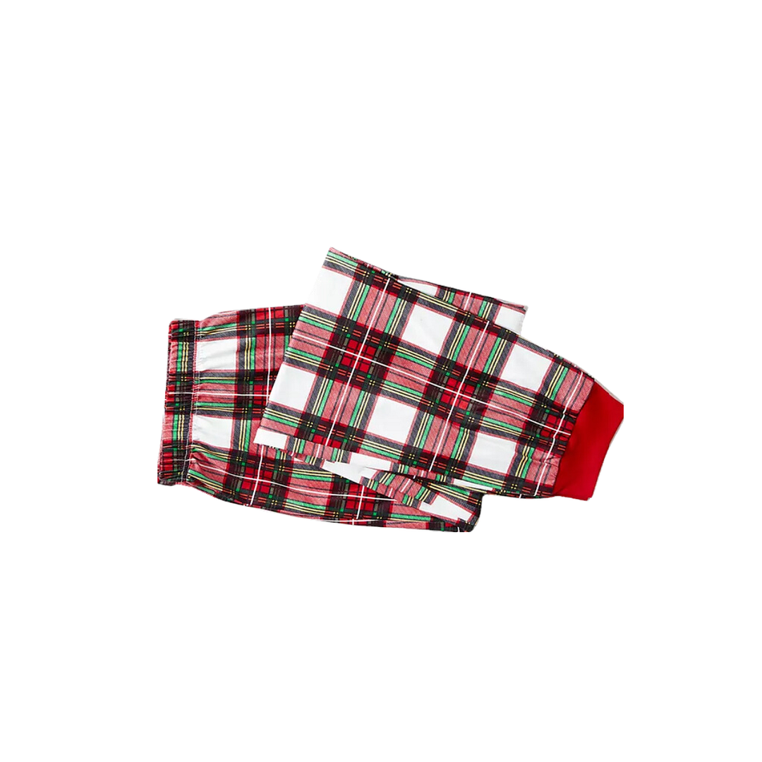 Red Santa Hat "Merry Christmas" Letter Print Black Long Sleeves Top with Green Red White Classic Plaid Pants Family Matching Pajamas