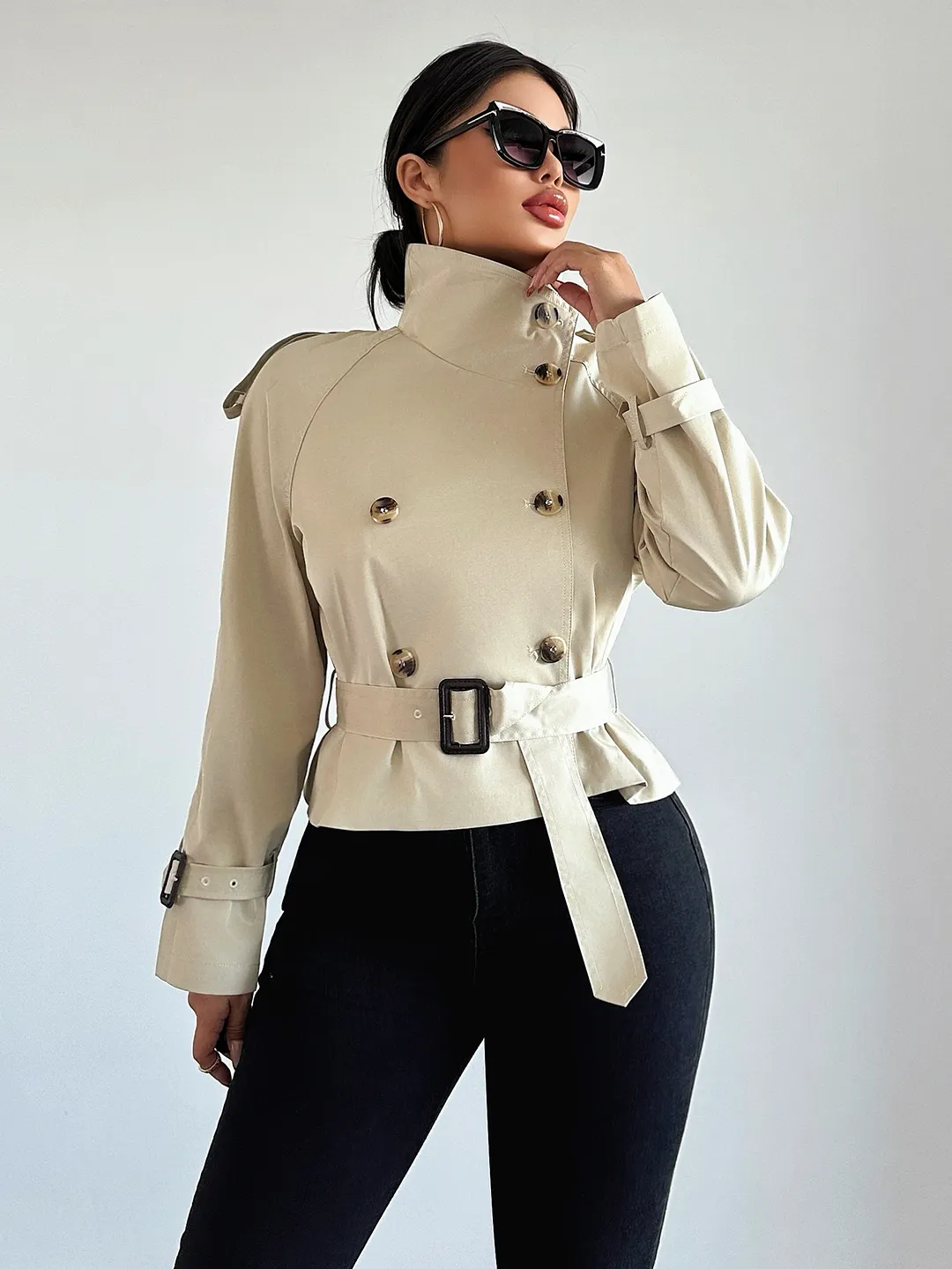 Nigikala Nigikala Women's Clothing 2025 Spring And Autumn Collar With Belt Buckle Dress Short Wind Coat Women A15022