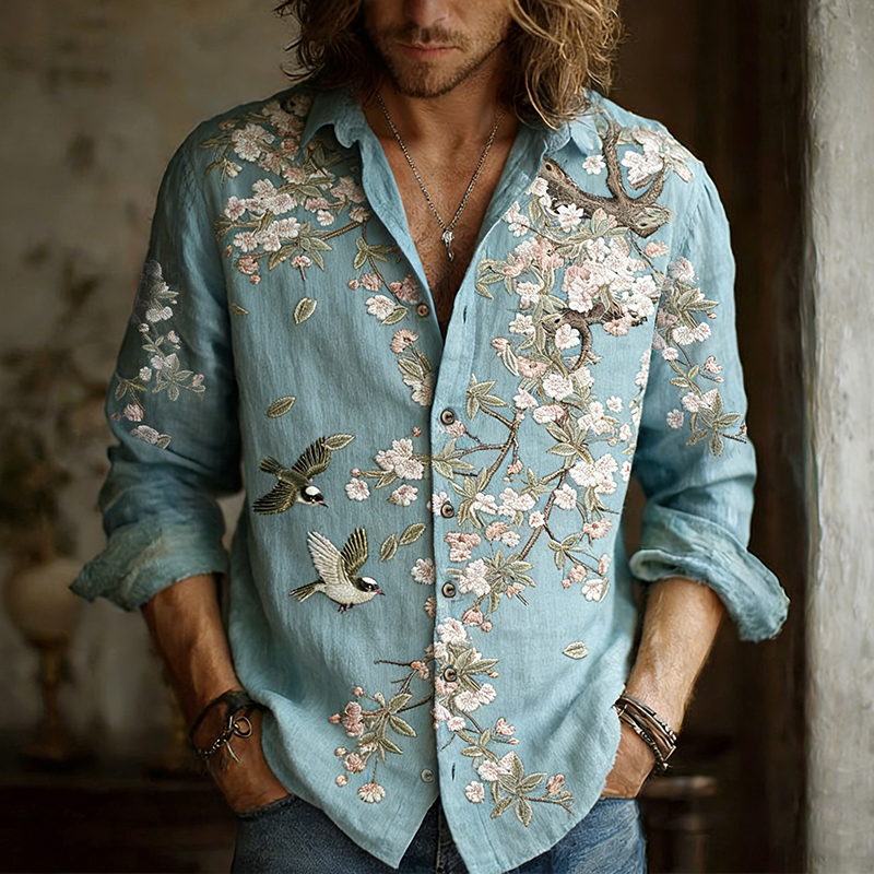 Men's Froal With Birds Embroidery Painting Art Linen Shirt  artssus