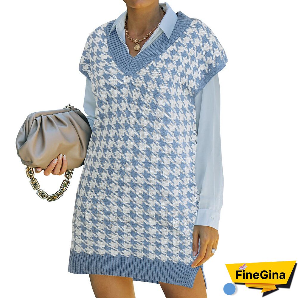 Women Houndstooth Sweater Vest Vintage V Neck Sleeveless Pullover Loose Chic Knitwear Plaid Spring Autumn Office Ladies Tank Top