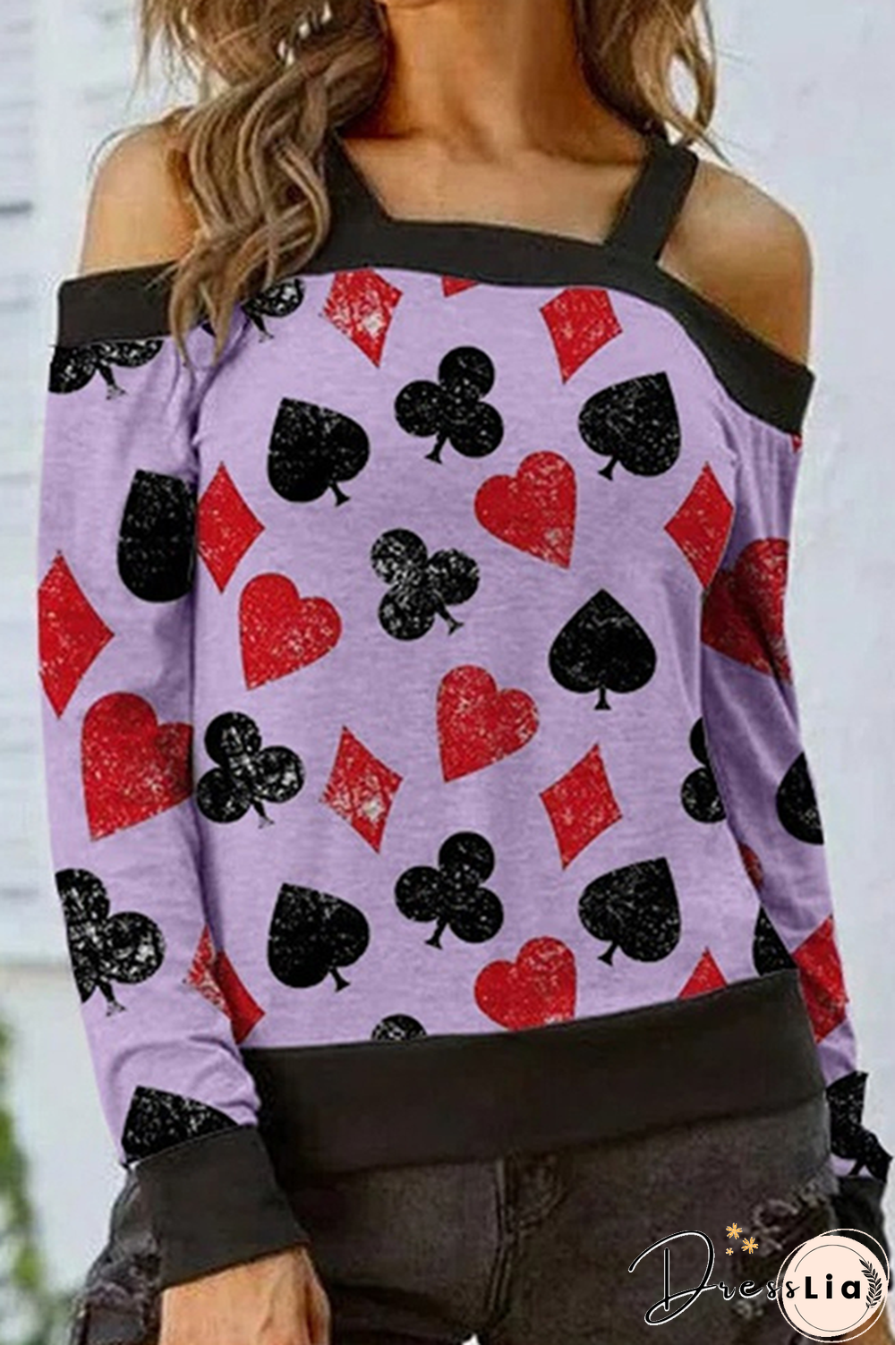 Casual Print Hollowed Out Split Joint Off the Shoulder Tops