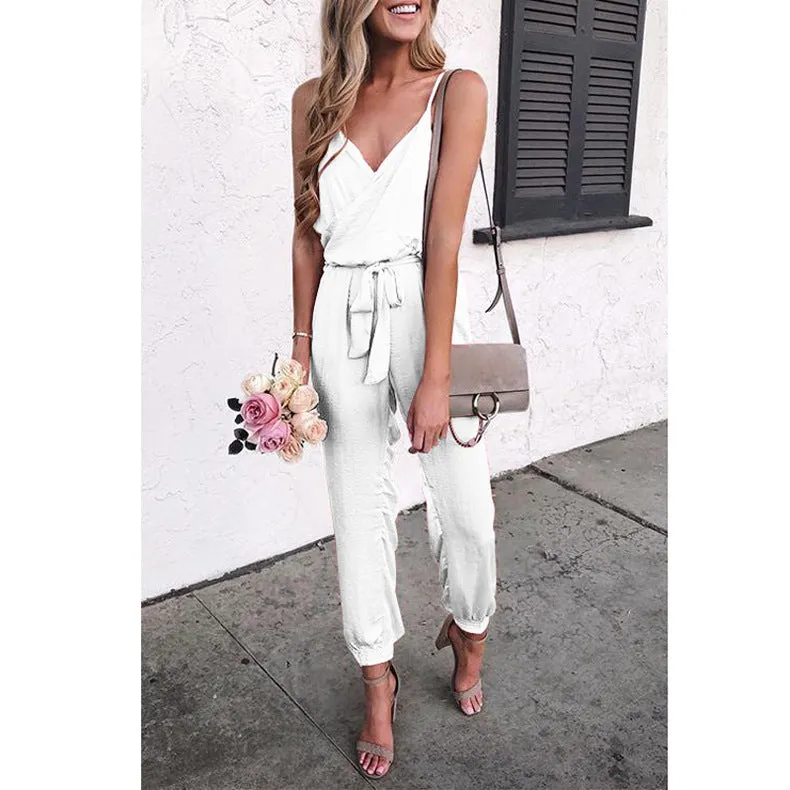 Solid color suspender belt jumpsuit