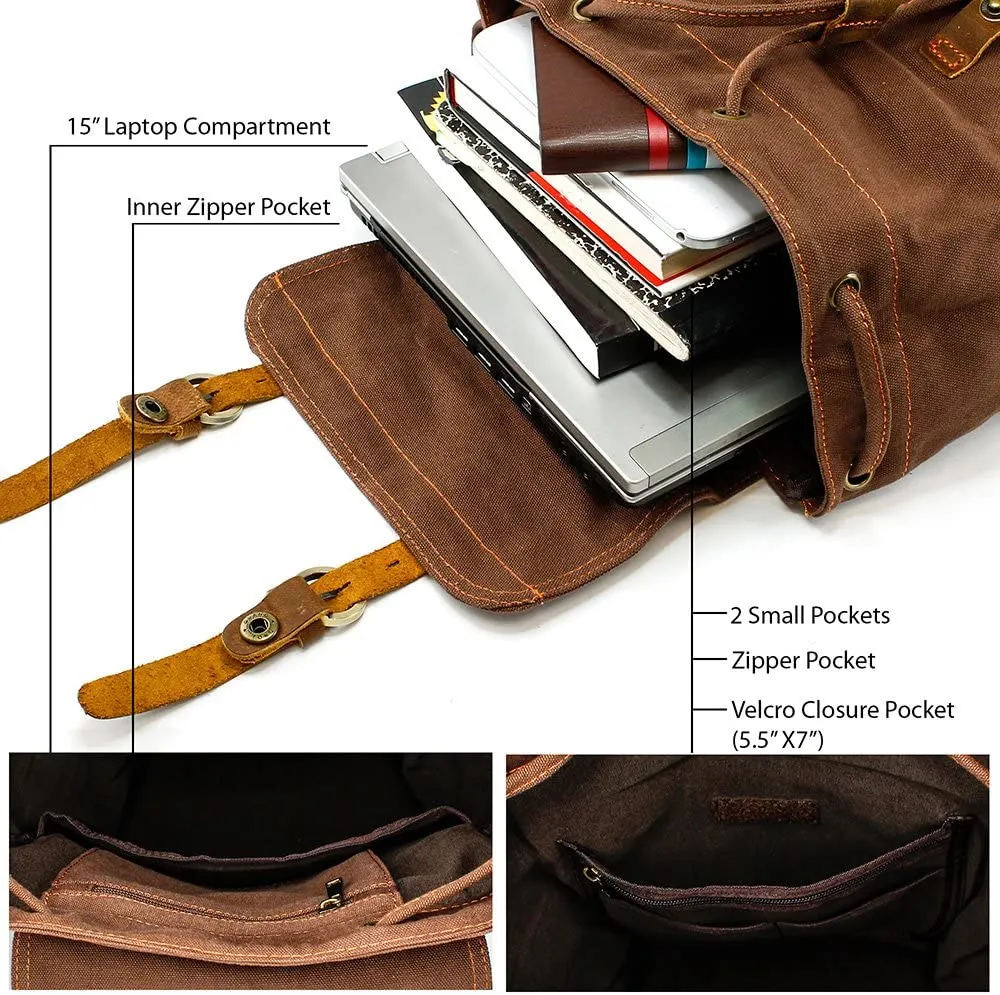 Vintage Canvas Backpack for Men Leather Rucksack Knapsack 15 inch Laptop Tote Satchel School Military Army Shoulder Rucksack Hiking Bag