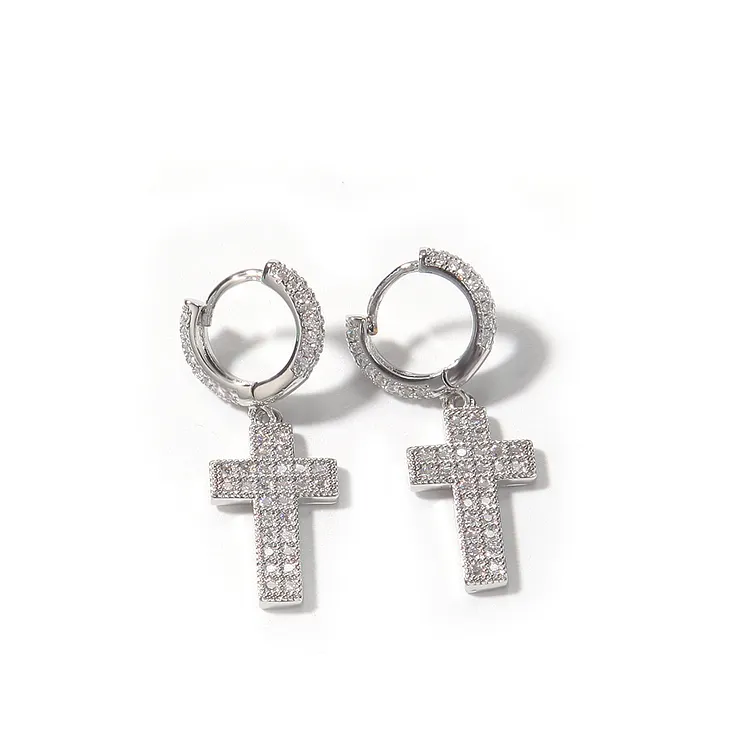 Iced Out Hip Hop Bling Double Row Cross Earrings For Women