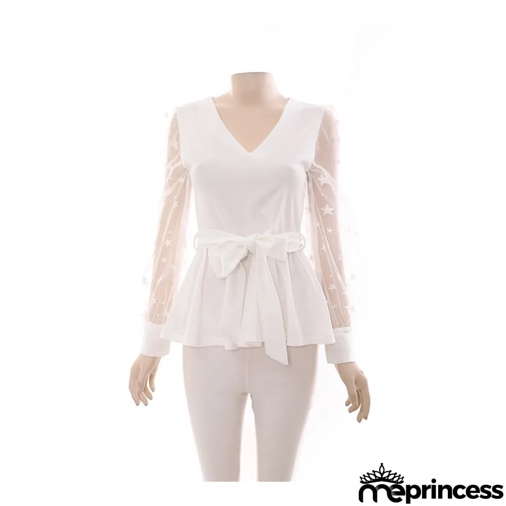 Women Fall V-neck Long Sleeve Lace Elegant Top