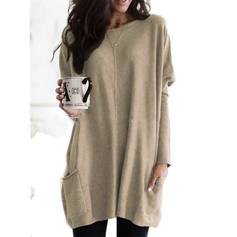 Brownm Autumn Pullover Casual Round Neck Long Sleeve Pocket T-shirt Top