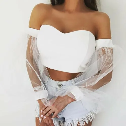 2021 Fashion Women Blouse Shirts Mesh Bubble Sleeve Off Shoulder Sexy Blouses Tops Laidies Long Sleeve Solid Shirts Femme Blusas