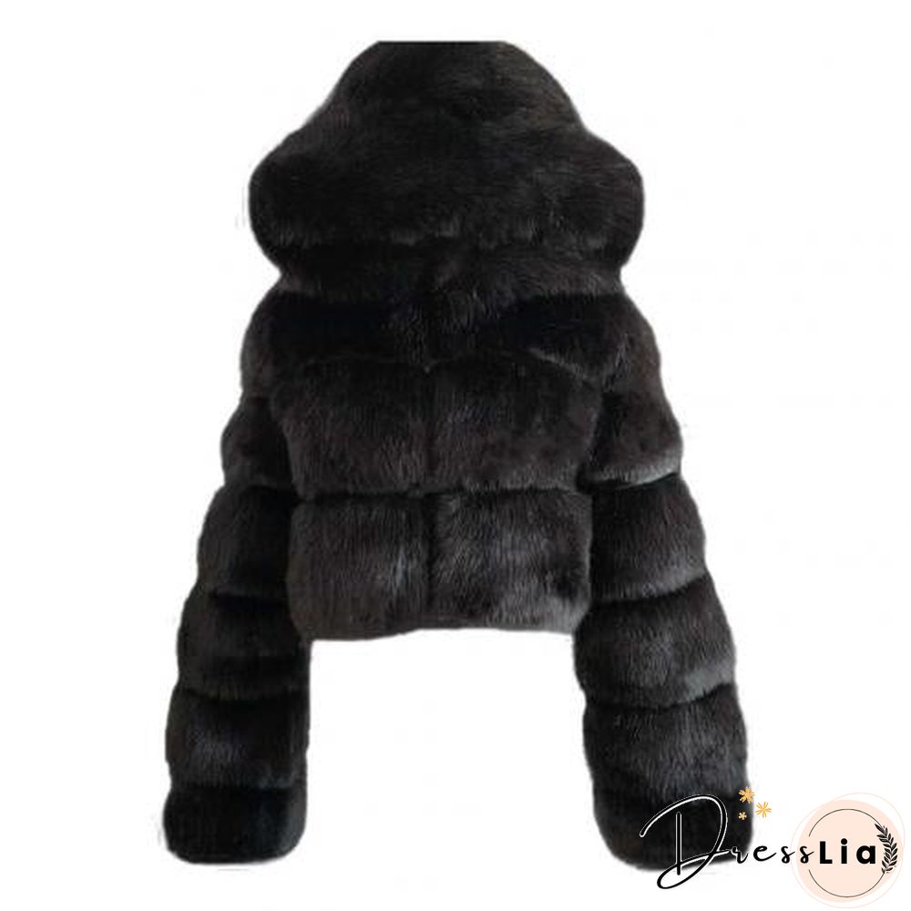 Plus size Women Jacket Fashion Autumn Winter Faux Fur Cropped Coat Fluffy Zip Hooded Warm Short Jacket