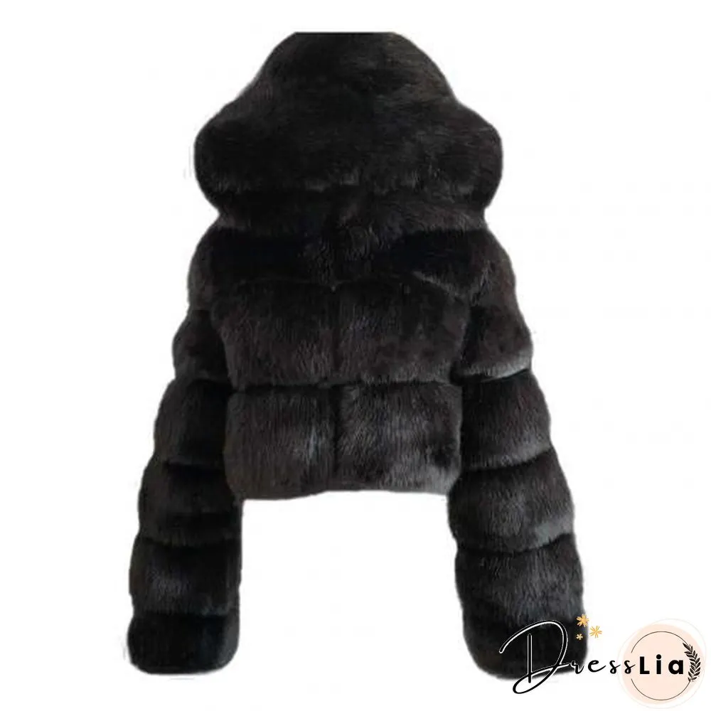 Plus size Women Jacket Fashion Autumn Winter Faux Fur Cropped Coat Fluffy Zip Hooded Warm Short Jacket