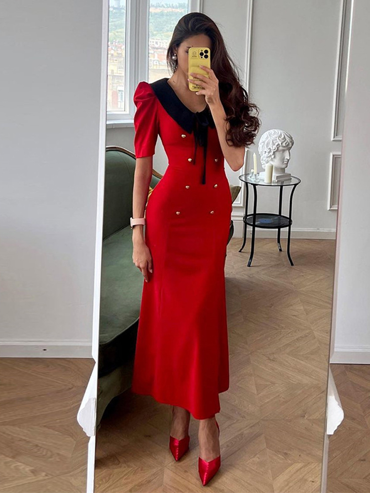 Tossy Women&rsquo;s Elegant Peter Pan Collar Long Dress Bandage Short Sleeve Double Breasted Patchwork Slim Fit Banquet Mermaid Dress