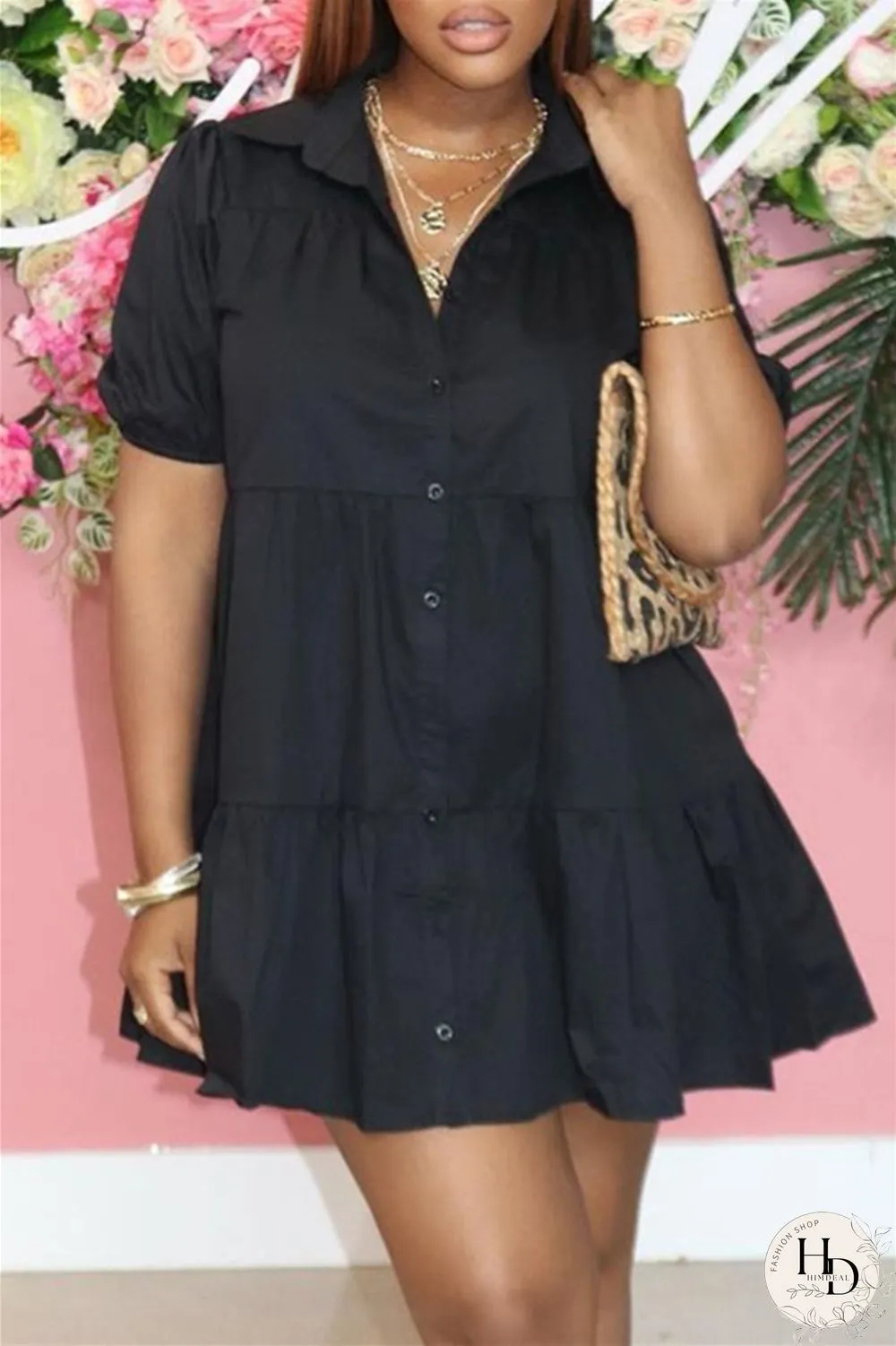 Black Fashion Casual Solid Basic Turndown Collar Short Sleeve Dress