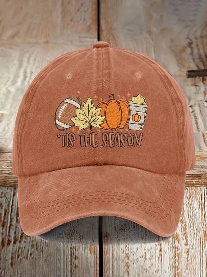 Football Tis The Season Pumpkin Maple Leaf Print Baseball Cap 