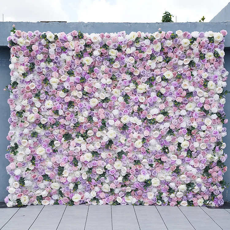 Angela Flower Purple White Pink Rose Green Eucalyptus Leaf Flower Wall Wedding Backdrop Decor 5D Rolling Up Curtain Cloth Flower Wall A7815