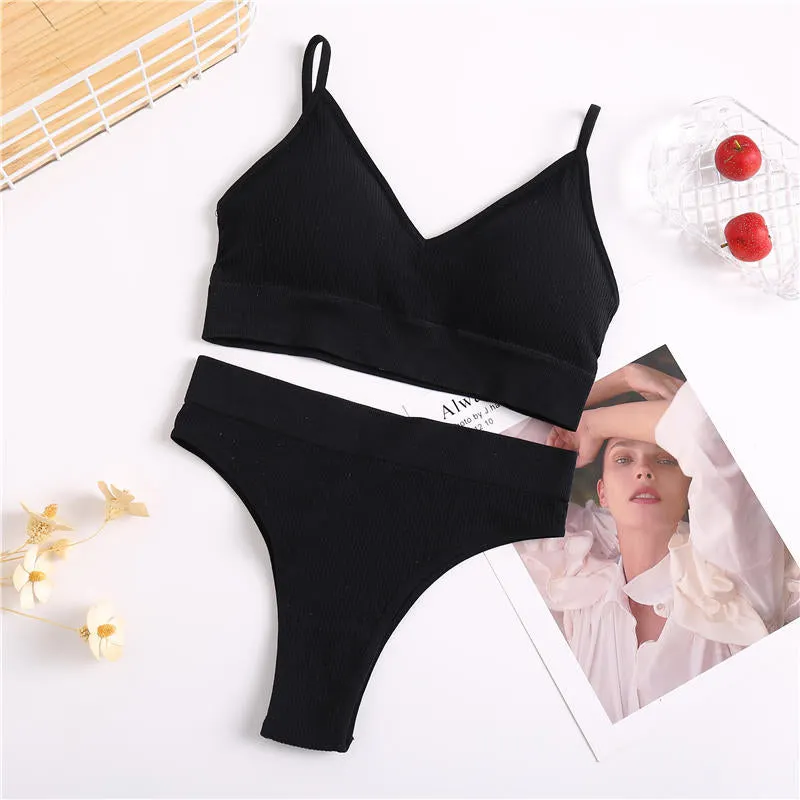 Thong + Bra Women Sexy Underwear Brassiere Female Tops Panties Bralette Intimates Lingerie Stretchy Ribbed Tank Crop Tops Set