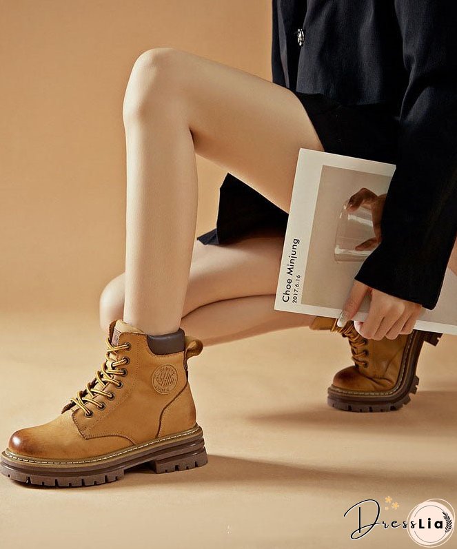 Unique Cross Strap Boots Yellow Cowhide Leather Mountaineering Boots