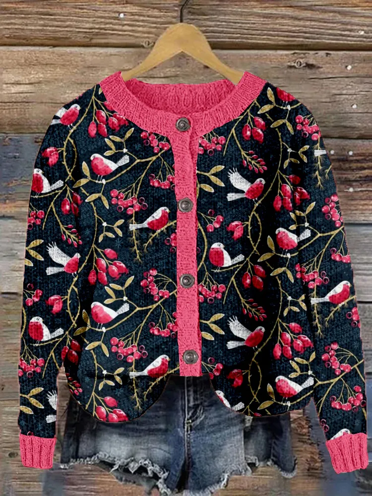 Winter Berries and Birds Pattern Cozy Knit Cardigan
