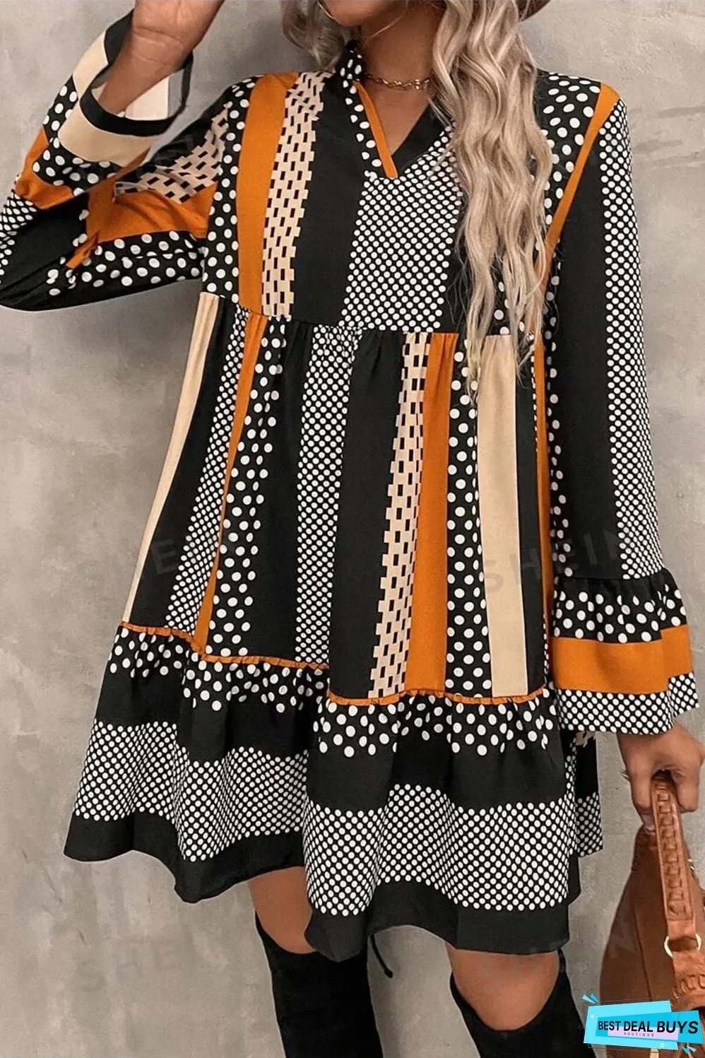 Black Striped Polka Dot Print Ruffled Hem V Neck Mini Dress