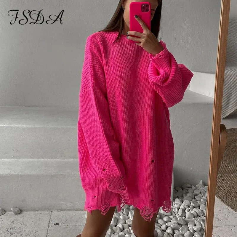 FSDA O Neck 2021 Green Sweater Dress Women Knitted Long Sleeve Autumn Winter Y2K Oversized Mini Elegant Dresses Party Sexy