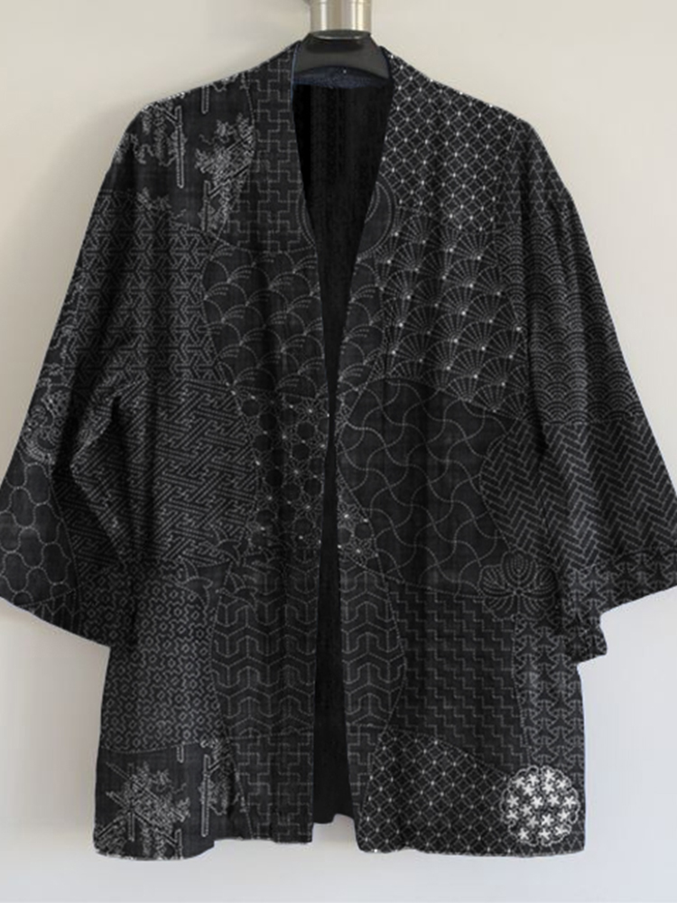 Japanese Traditional Sashiko Art Linen Blend Kimono Cardigan  artssus