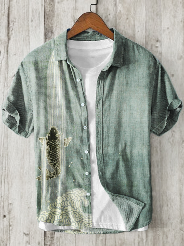 Upstream Carp Japanese Art Linen Blend Shirt  artssus