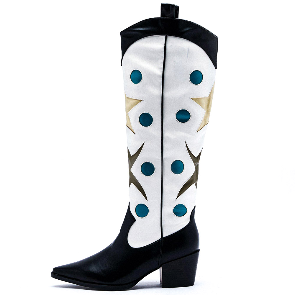 Black & White Pointed Toe Star Dots Inlay Knee High Cowgirl Boots Nicepairs
