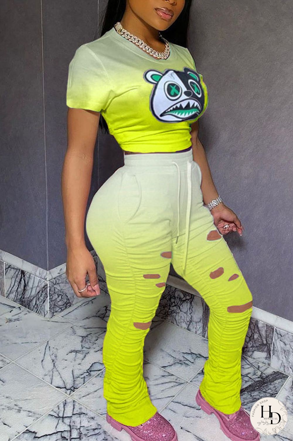 Orange Fashion Casual Patchwork Print Two Piece Suits Straight Short Sleeve Two Pieces