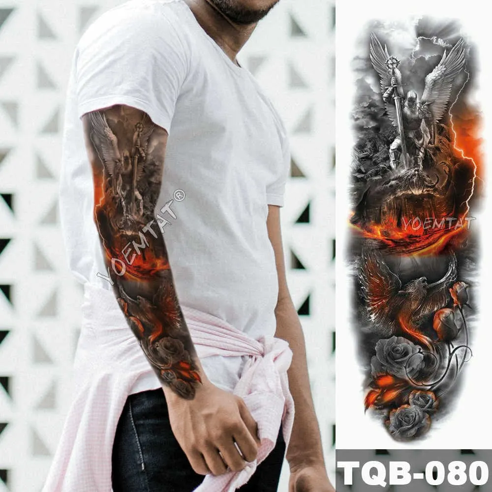 Large Arm Sleeve Tattoo Sketch Lion Tiger Waterproof Temporary Tattoo Sticker Crow Warrior Soldier Men Full Skull Totem Tattoo