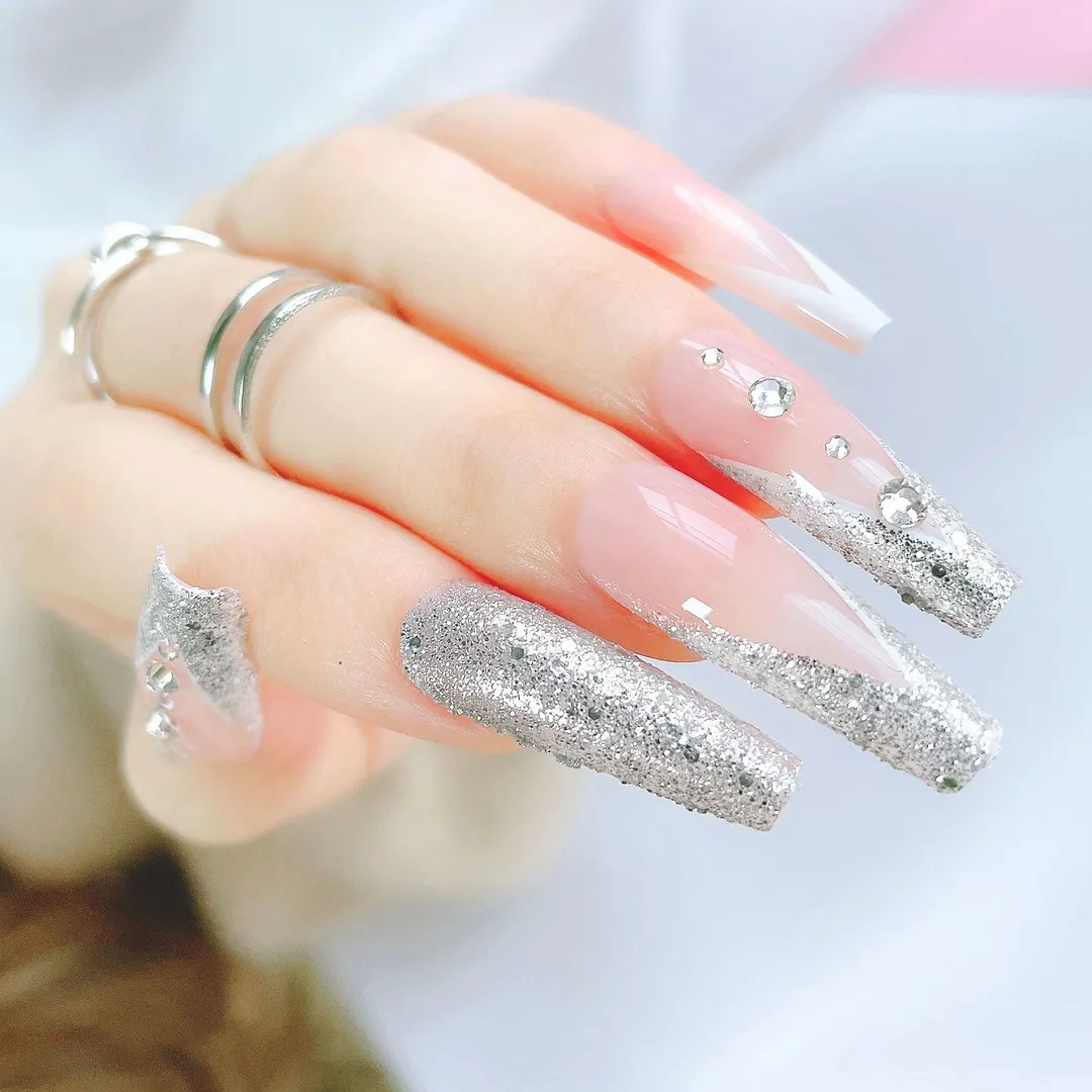 24pcs Extra Long Matte Fake Nails Ballerina Coffin Dark Blue Colorful Rhinestone Decals False Nails with designs Nail Art-Nail Inspo