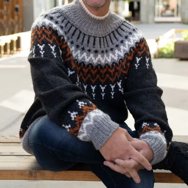 Men's Vintage Knitted Jacquard Crew Neck Sweater