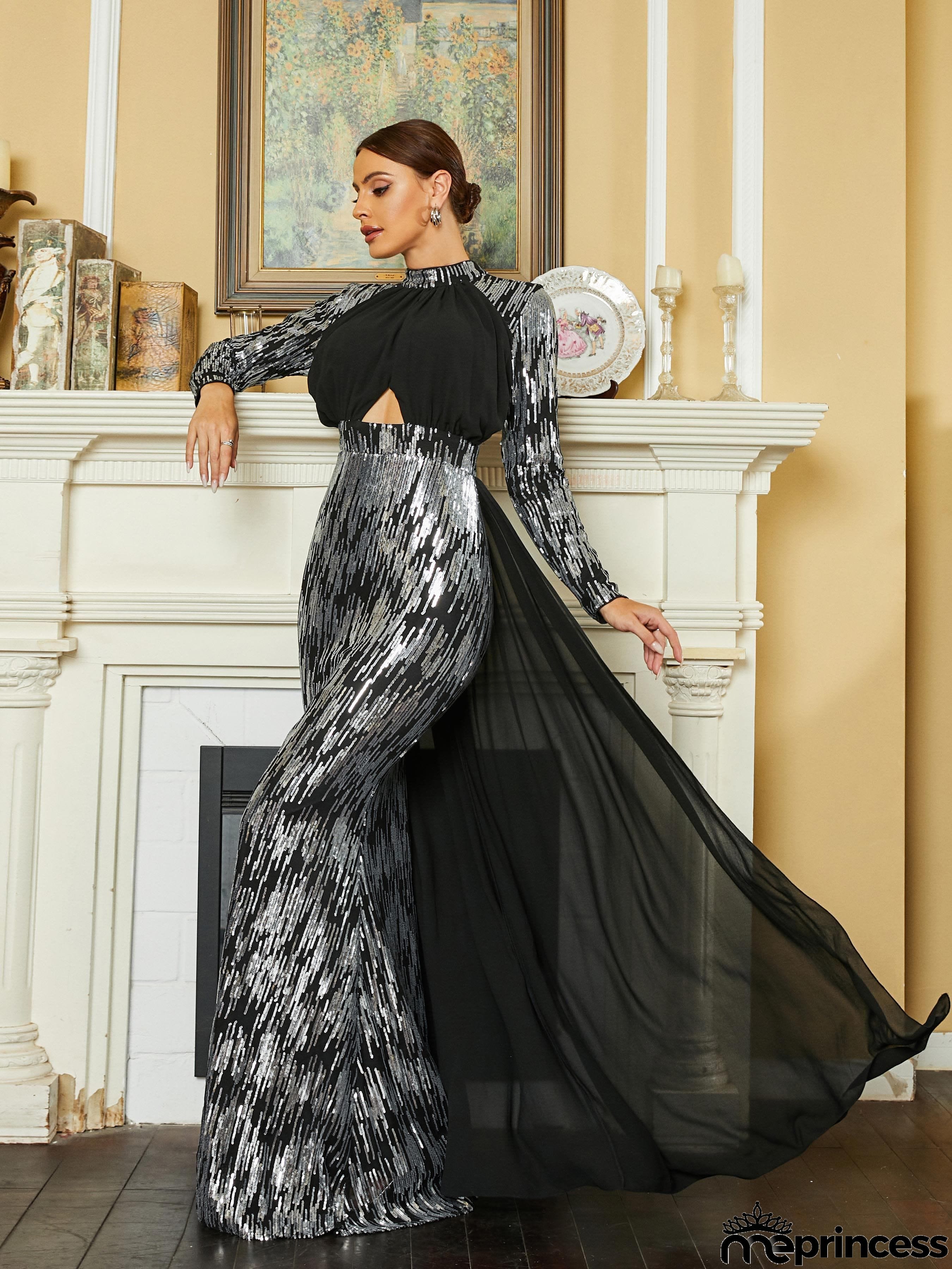 Stand Collar Panel Cutout Sequin Black Prom Dress RH30630