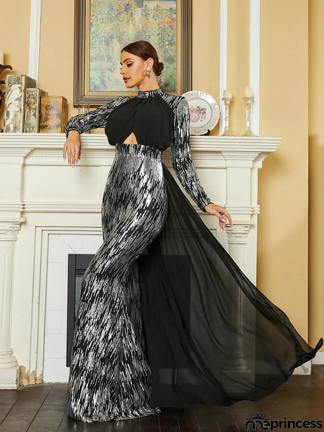 Stand Collar Panel Cutout Sequin Black Prom Dress RH30630