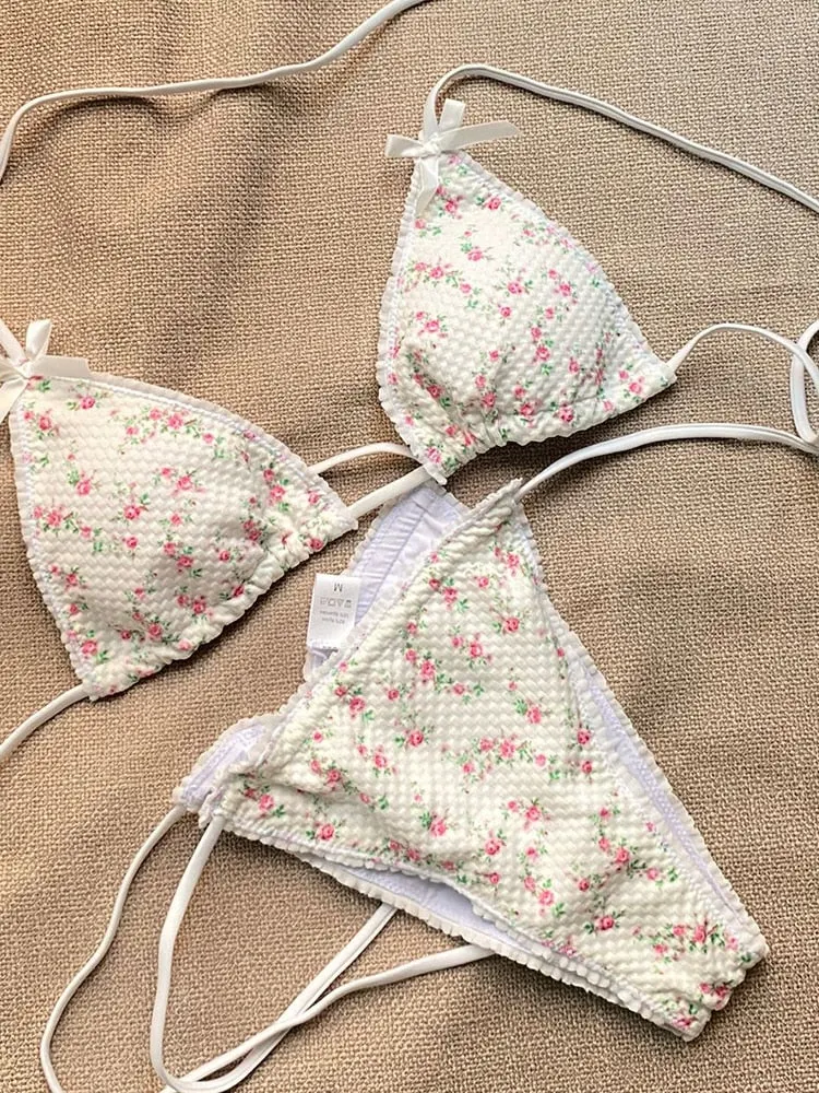2022 Bandage Adjustable Swimsuit Women High Cut Thong Sexy Bikinis Swimwear Floral Print Halter Bikini Set Bathing Suits Biquini