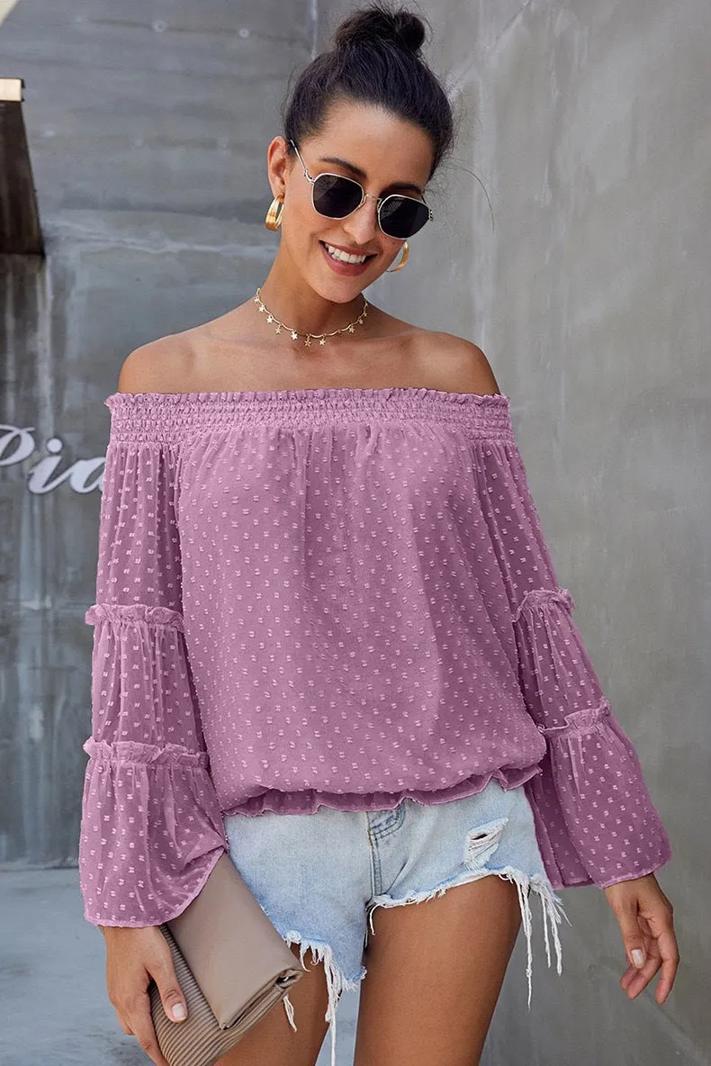 Brownm Long Dot Sleeve Chiffon Off-shoulder Off-the-neck Hollow-out Loose Top