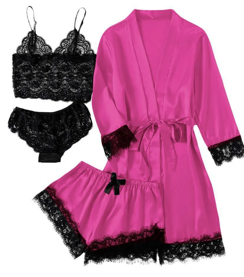 Churchf 2021 New Ladies Pajamas Four-Piece Sexy Sling Skirt Set Home Lace Pajamas Set