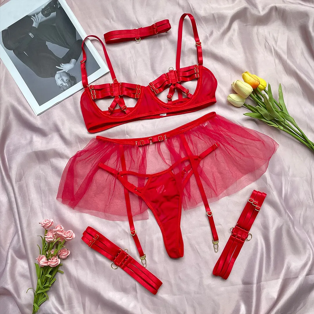MIRABELLE Sensual Lingerie With Short Skirt Hollow Out Sexy Bra And Panty Set Woman 5 Pieces Underwear Garter Pink Erotic Set