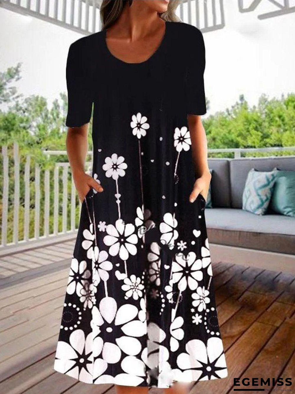 Fashion Personality Retro Floral Print Half Sleeve Dress Black Dresses | EGEMISS