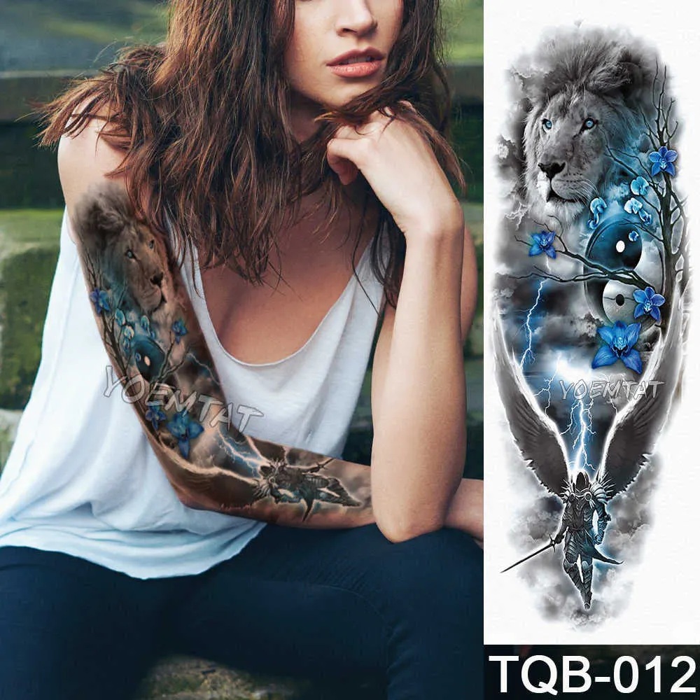 Large Arm Sleeve Tattoo Sketch Lion Tiger Waterproof Temporary Tattoo Sticker Crow Warrior Soldier Men Full Skull Totem Tattoo