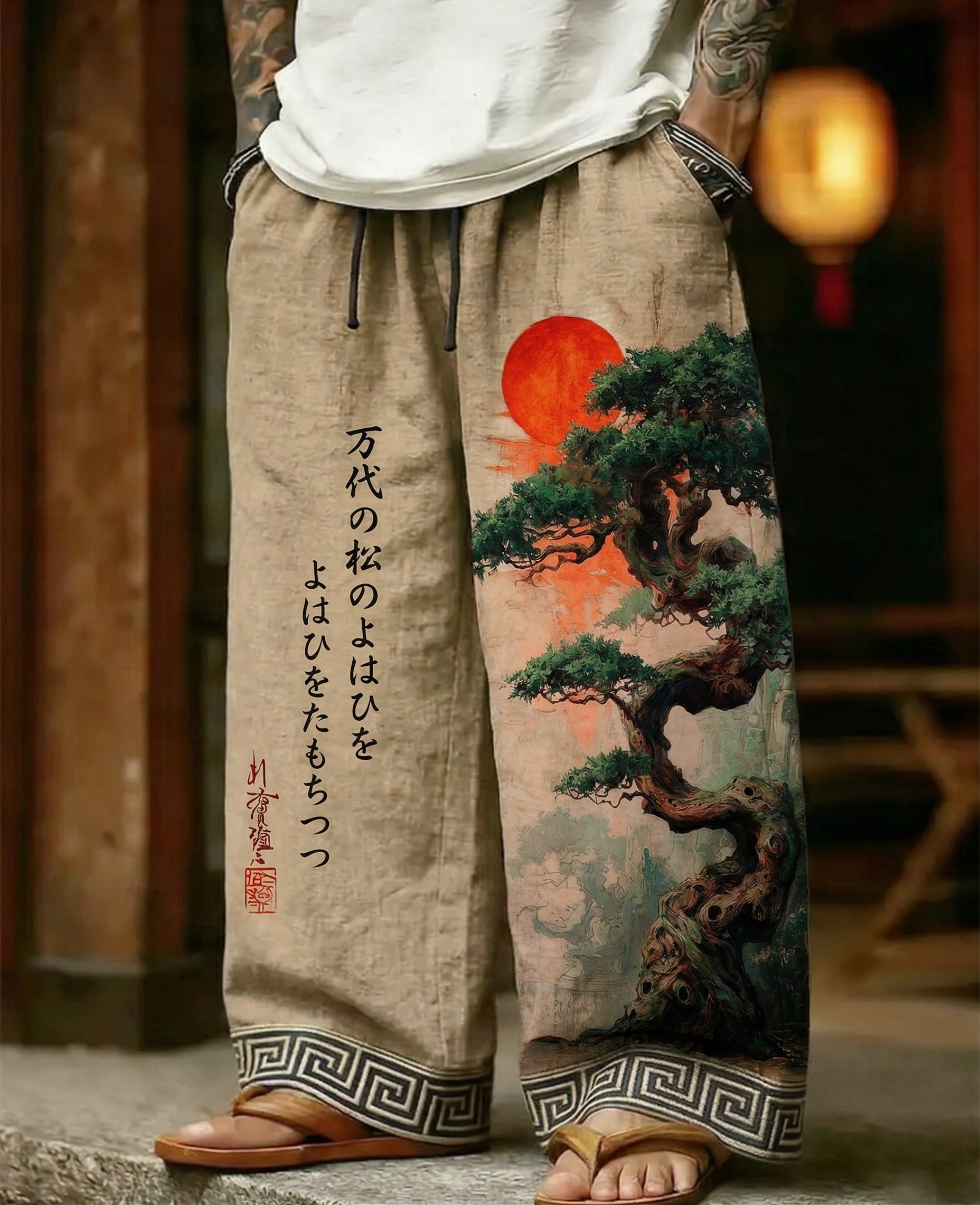 Vintage Ancient Calligraphy With Landscape Printed Art Linen Blend Pants elevenforest