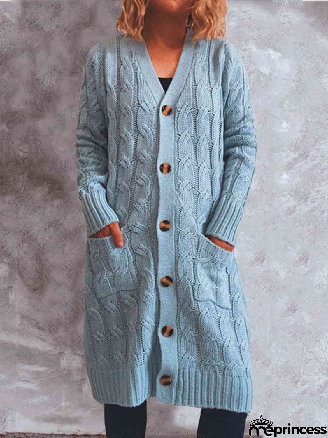 Button Up Cable-Knit Cardigan with Pockets