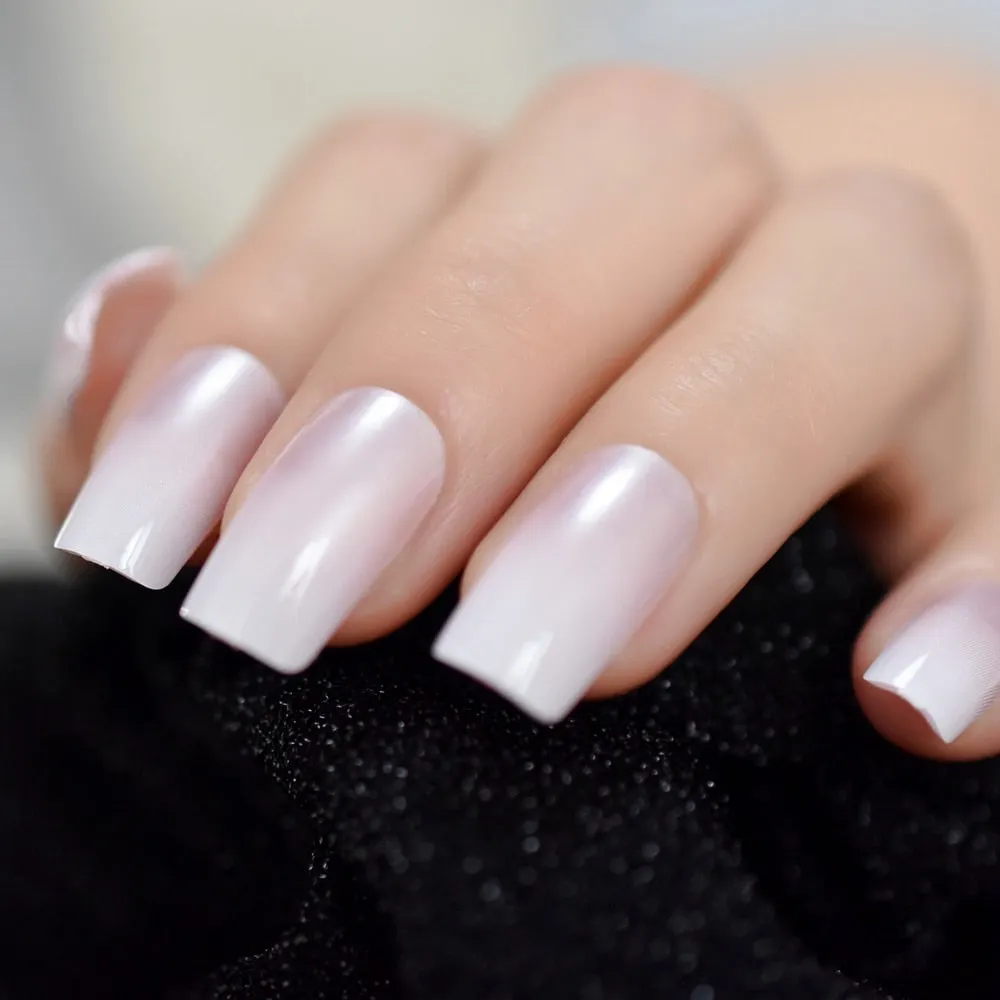 Pearl Shine Glossy Fake Nails Shimmer White Square Ombre French Nail Faux Ongles Gradient Medium Fingernails with Gluetabs-Nail Inspo